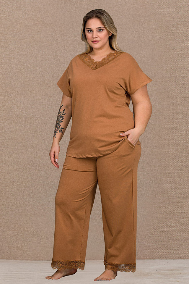 V Dantel Yaka Kahve Büyük Beden Bayan Pijama Takımı
