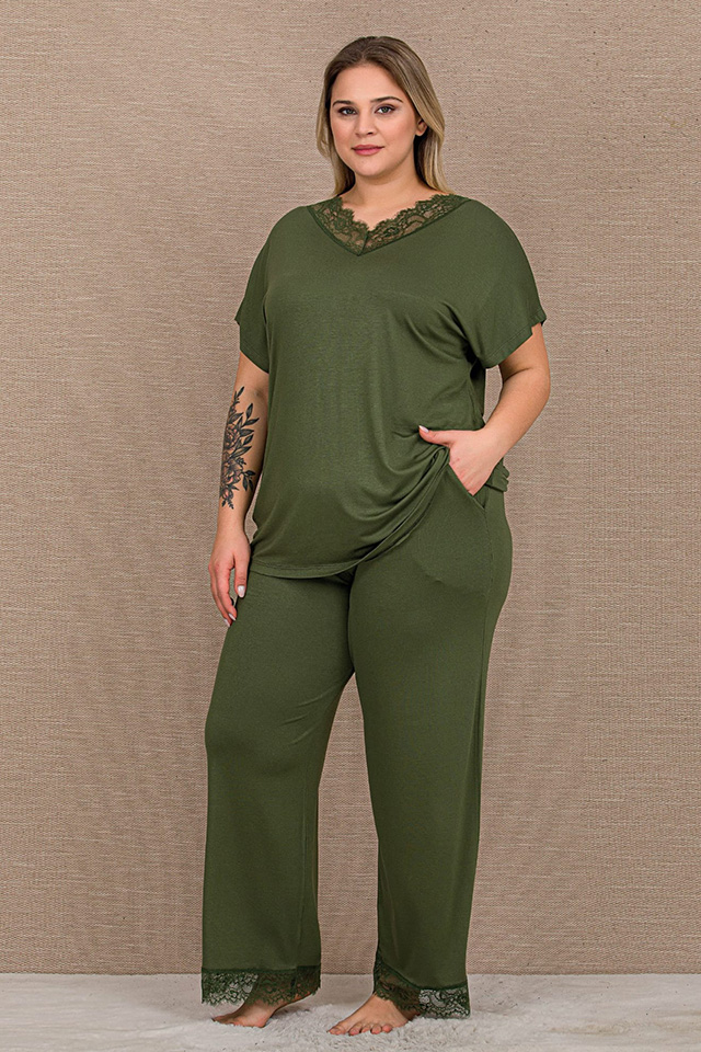 V Dantel Yaka Koyu Haki Büyük Beden Bayan Pijama Takımı
