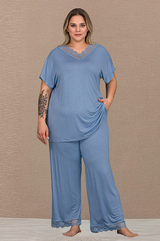 V Dantel Yaka Mavi Büyük Beden Bayan Pijama Takımı