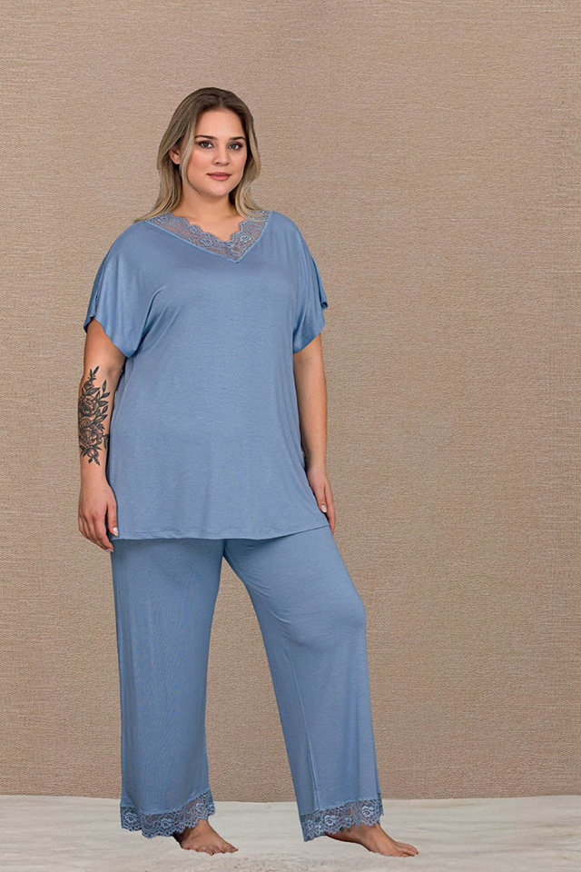 V Dantel Yaka Mavi Büyük Beden Bayan Pijama Takımı