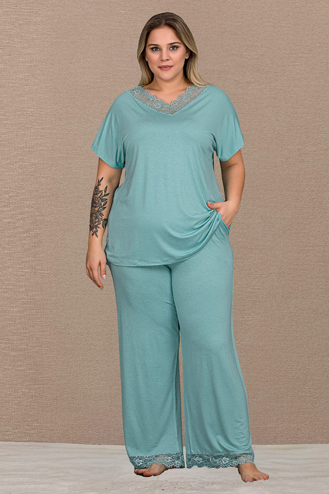 V Dantel Yaka Mint Büyük Beden Bayan Pijama Takımı