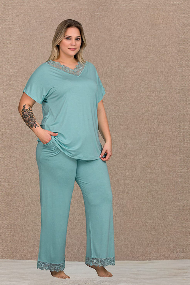V Dantel Yaka Mint Büyük Beden Bayan Pijama Takımı