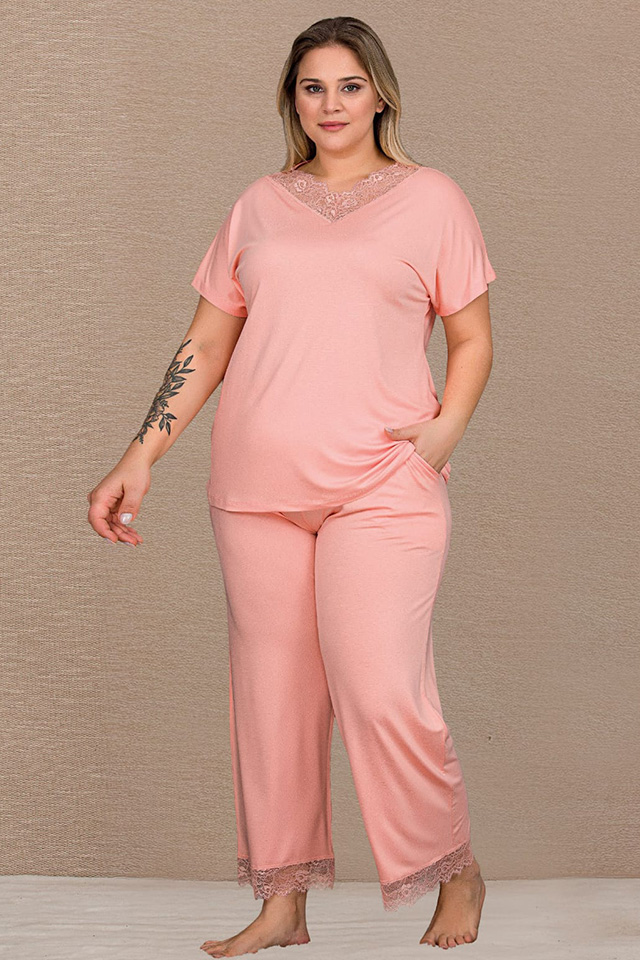 V Dantel Yaka Pudra Büyük Beden Bayan Pijama Takımı
