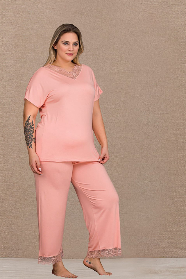 V Dantel Yaka Pudra Büyük Beden Bayan Pijama Takımı