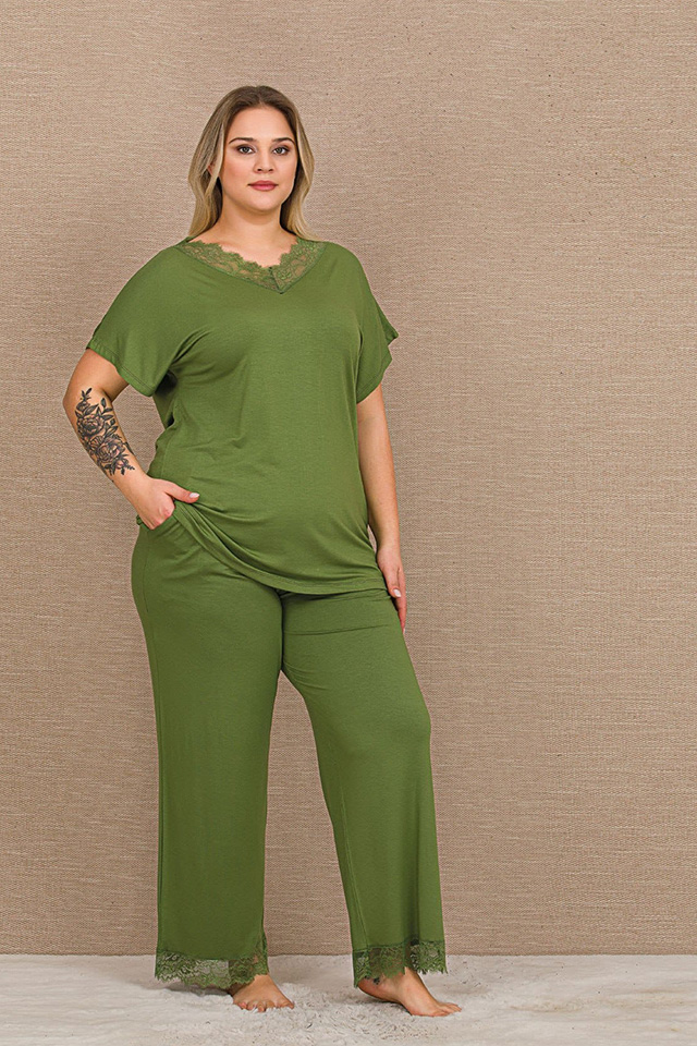 V Yaka Dantel Haki Büyük Beden Bayan Pijama Takımı