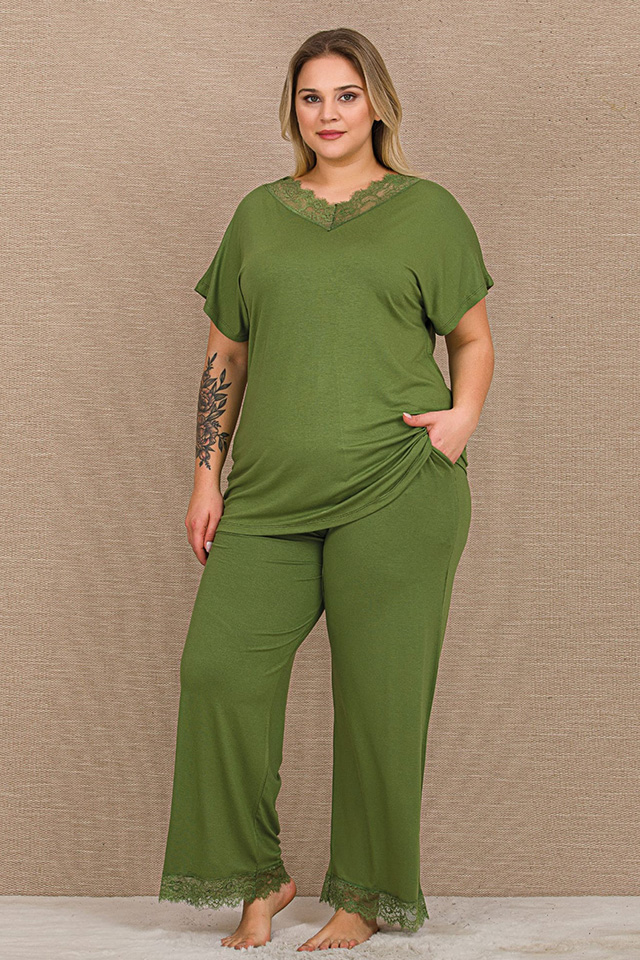 V Yaka Dantel Haki Büyük Beden Bayan Pijama Takımı