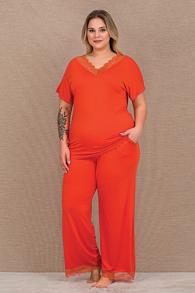 V Yaka Dantel Oranj Büyük Beden Bayan Pijama Takımı