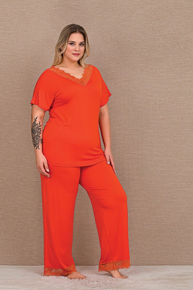 V Yaka Dantel Oranj Büyük Beden Bayan Pijama Takımı