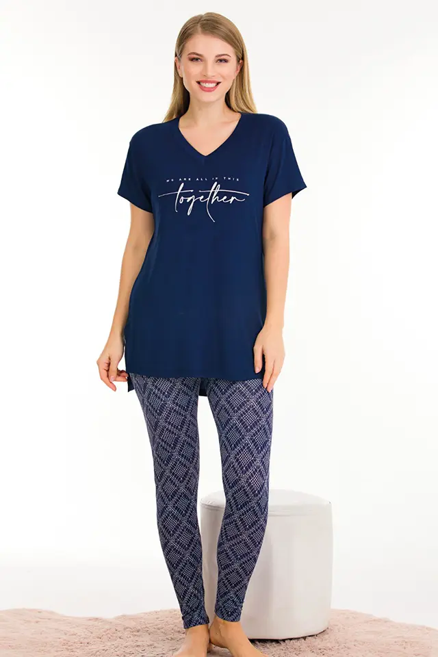 V Yaka Lacivert Bayan Pijama Takımı