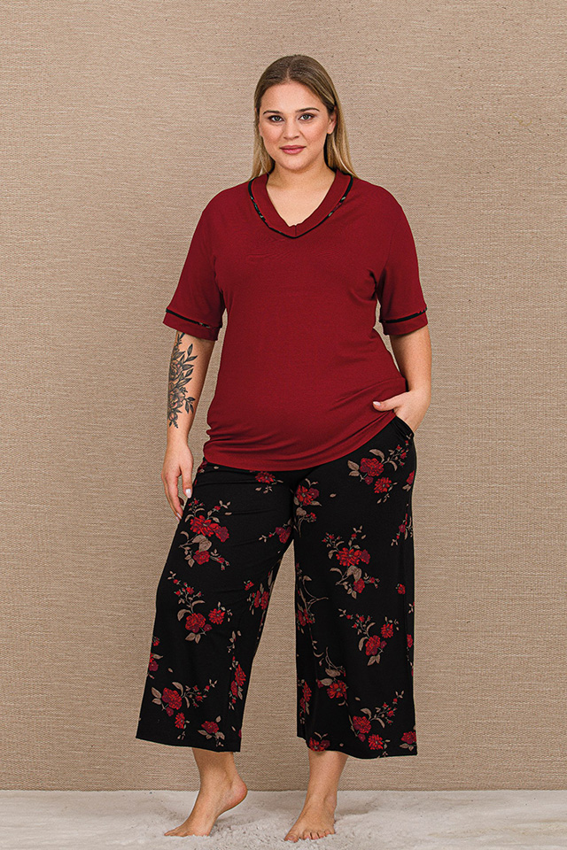 V Yakalı Çiçekli Büyük Beden Bayan Pijama Takımı