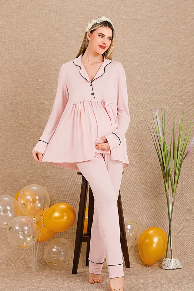 Viskon Uzun Kol Pembe Lohusa Pijama Takımı