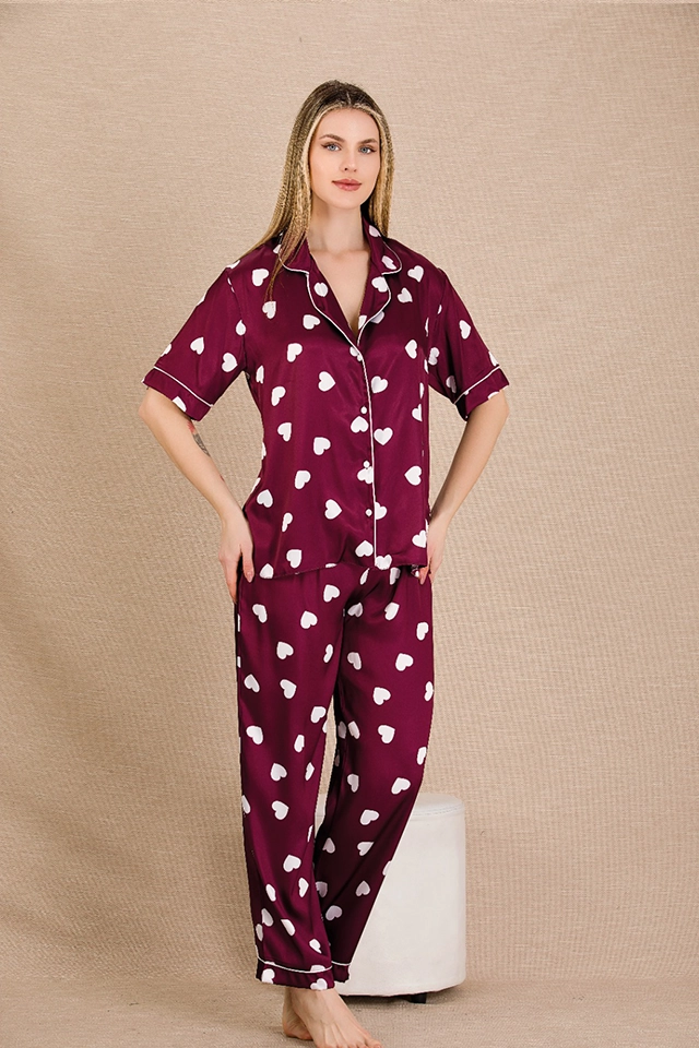 Yakalı Bordo Saten Pijama Takımı
