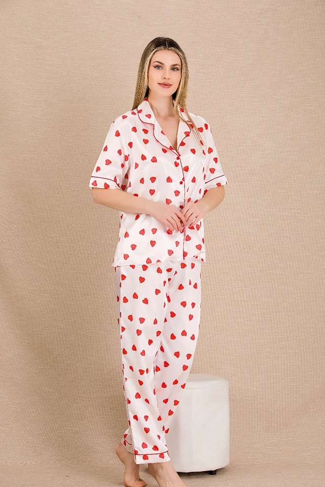 Yakalı Ekru Saten Pijama Takımı