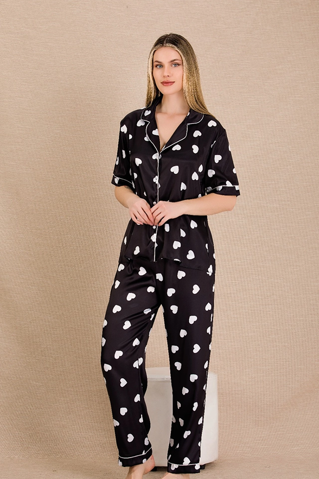 Yakalı Siyah Saten Pijama Takımı
