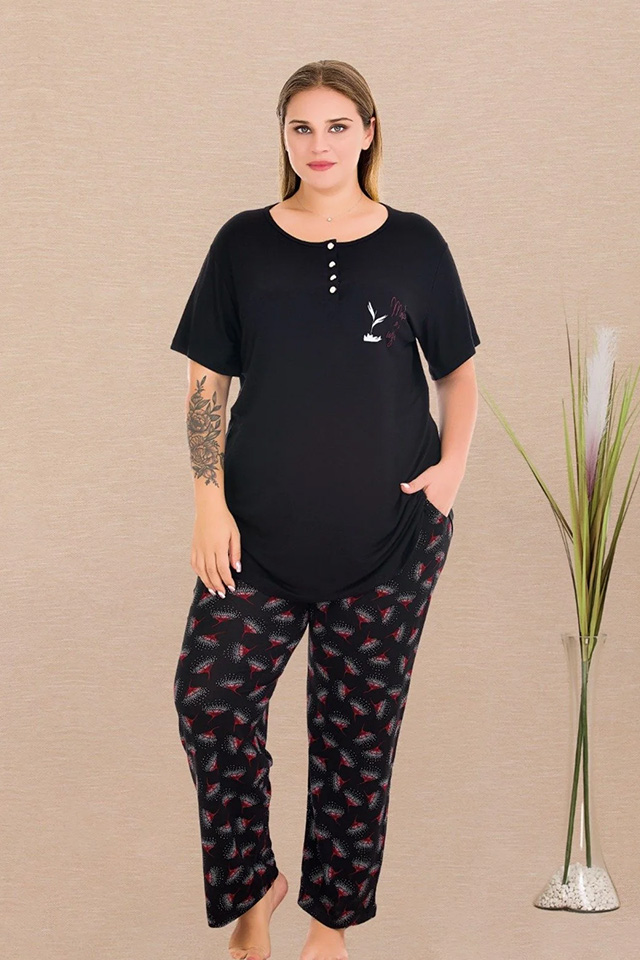 Yakası Düğmeli Büyük Beden Bayan Pijama Takımı