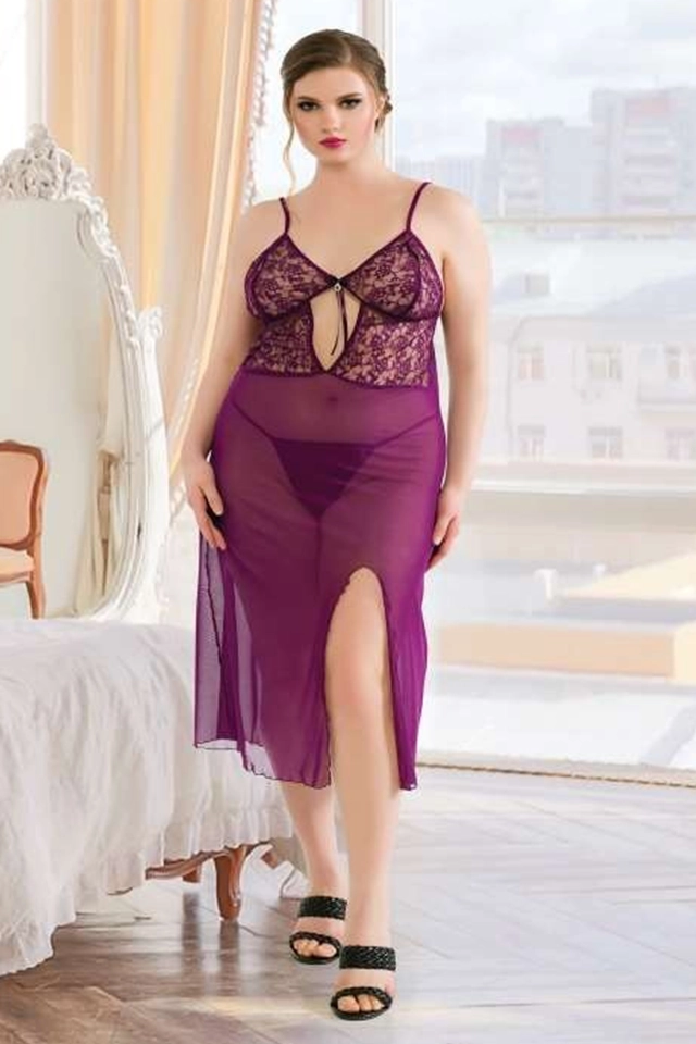 Yırtmaçlı Mor Büyük Beden Gecelik PS-6316